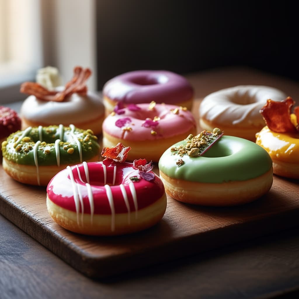 A close-up image of a variety of colorful gourmet donuts, each with unique glazes and toppings like sprinkles, nuts, and edible flowers, arranged beautifully on a wooden surface in natural light.
