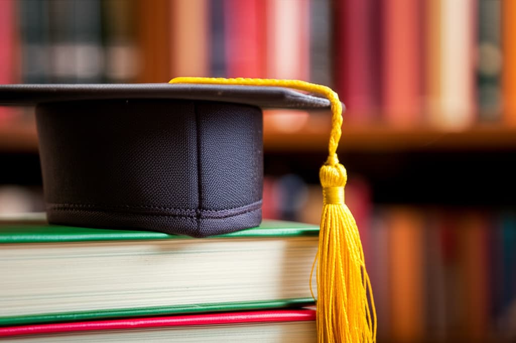 Close-up of a black graduation cap with a gold tassel resting on books, symbolizing academic achievement and future success.