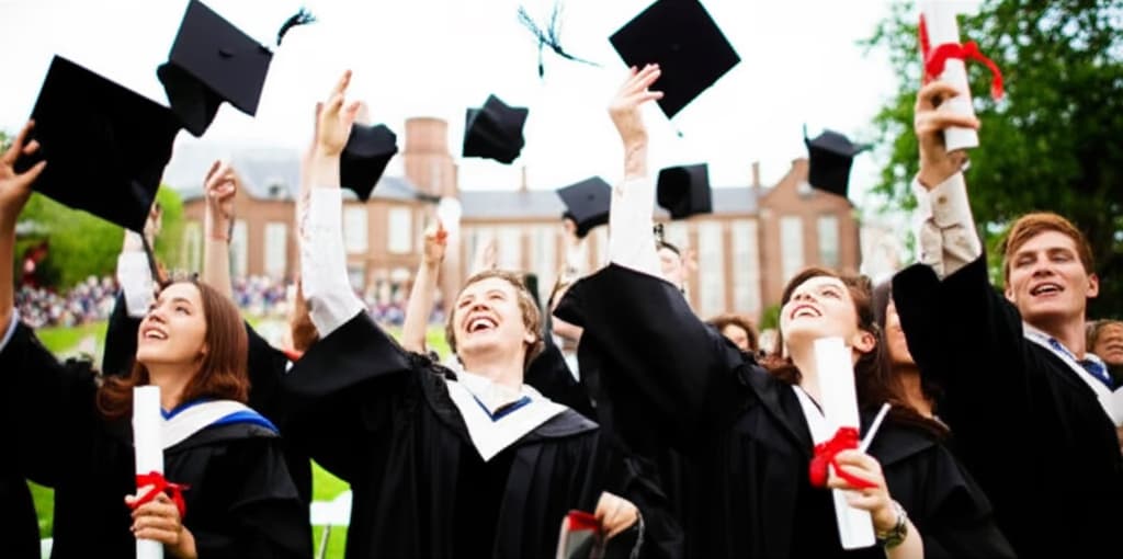 Joyful graduates throwing caps in the air at a university graduation ceremony with families cheering in the background.