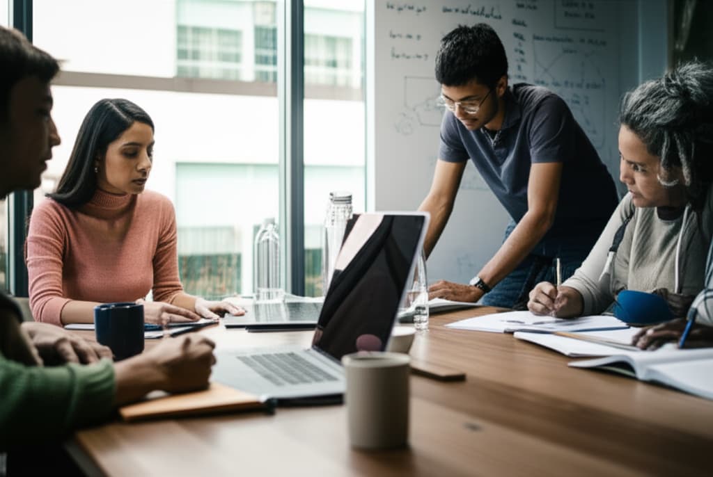Diverse group of college students collaborating on a group study session in a university library, focused on textbooks and laptops.