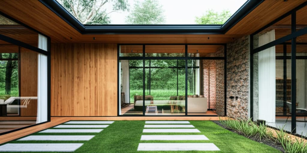 Ultra-realistic image of a modern guest house exterior design, featuring natural wood, large windows, and lush landscaping, perfectly integrated into its environment.