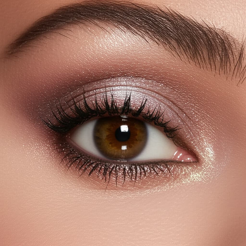 Close-up of a perfectly applied halo eye makeup look, featuring shimmering central lid and deep outer/inner corner shades, ideal for makeup tutorials.