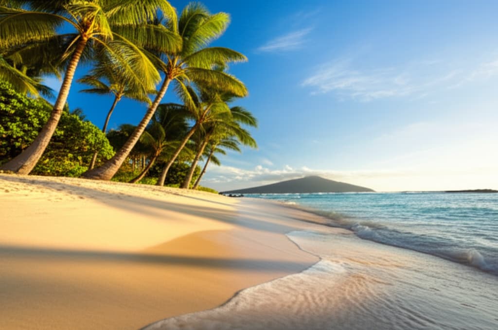 A panoramic view of a pristine Hawaiian beach featuring soft white sand, calm turquoise ocean waves, lush green palm trees, and a clear blue sky, evoking a sense of tropical paradise.