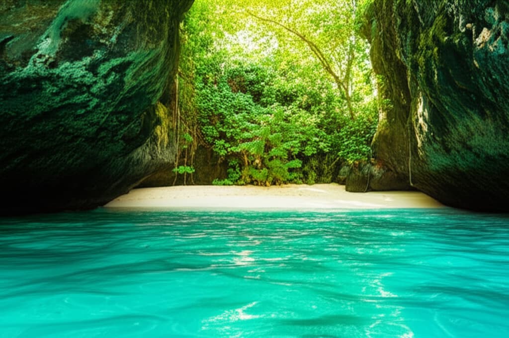 Pristine hidden beach nestled in a secluded tropical cove, featuring clear turquoise water, untouched white sand, and lush green foliage on surrounding cliffs under natural sunlight.