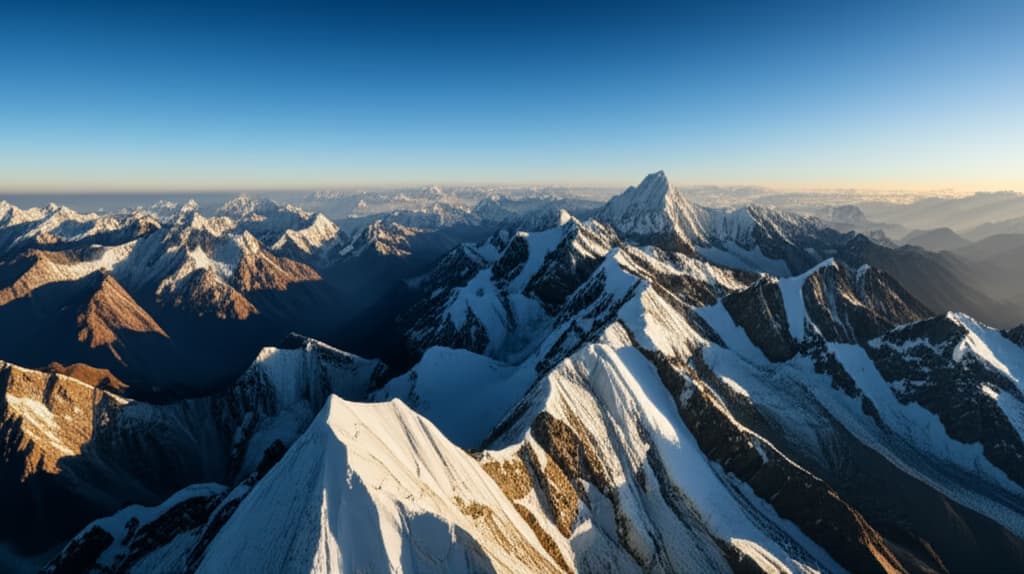 Panoramic view of majestic snow-capped Himalayan mountains under a clear sky, showcasing vast peaks and deep valleys.