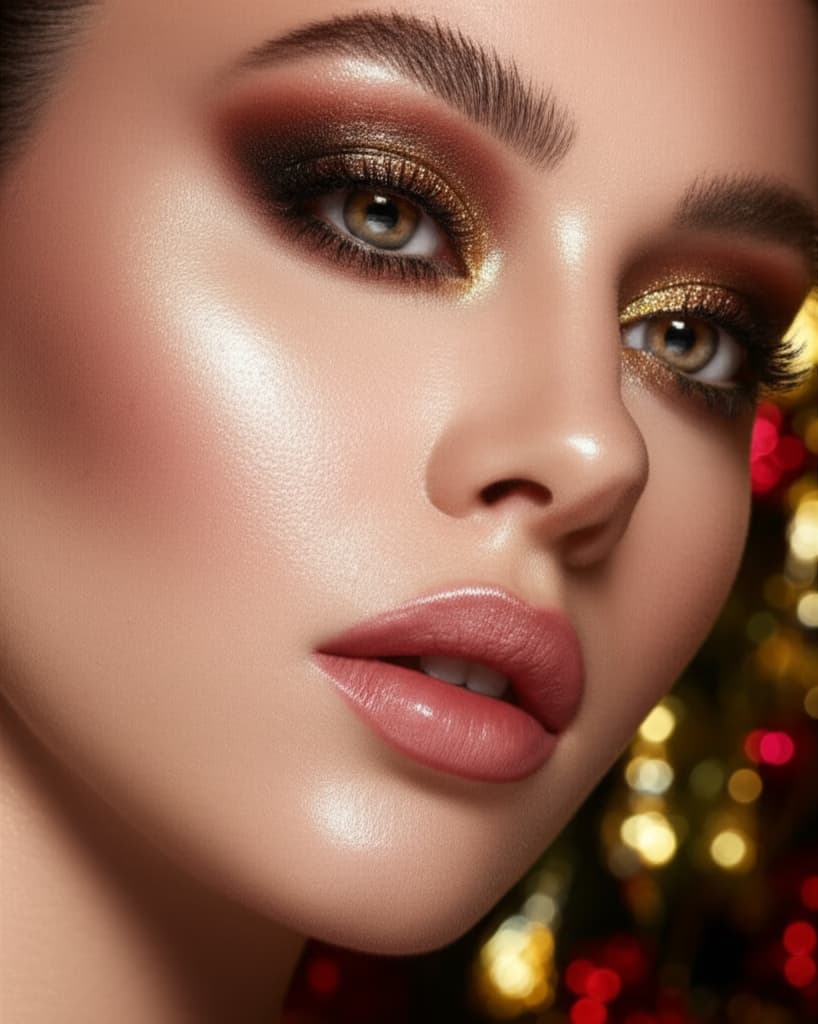 Close-up of a woman showcasing a beautiful, natural and festive holiday makeup look with shimmering eyes, radiant skin, and subtle glamour, ideal for Christmas and New Year celebrations.