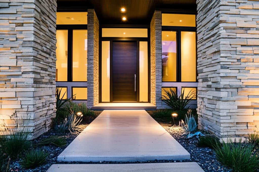 A modern home entrance featuring a sleek dark wood front door, clean concrete pathway, minimalist landscaping, and soft LED lighting, showcasing contemporary design and strong curb appeal.
