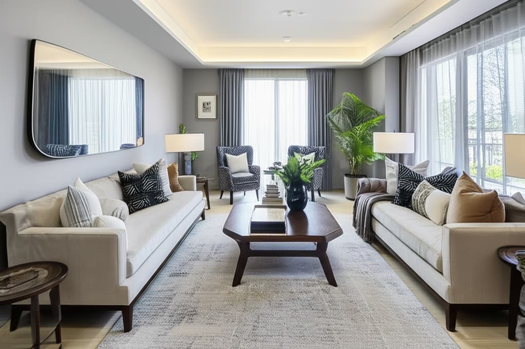 A beautifully staged modern living room with neutral tones, clean furniture, and inviting decor, illustrating effective home staging ideas for selling a house.