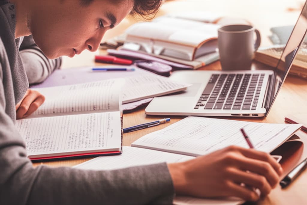 A diligent student deeply focused on completing a homework assignment at a desk, surrounded by textbooks, notebooks, and a laptop, illustrating concentration and academic effort.