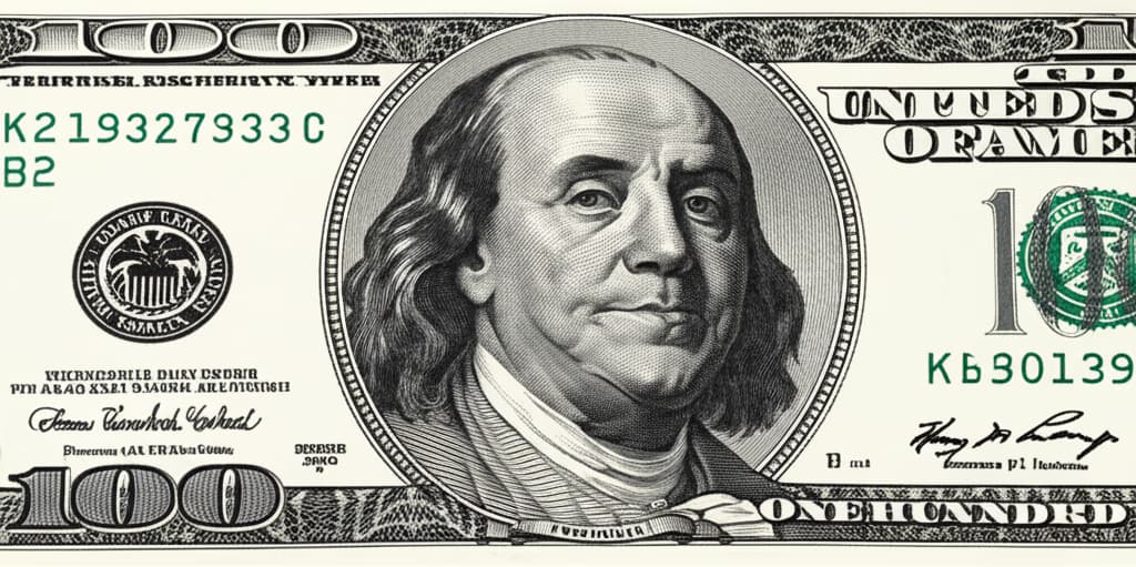 Close-up of a crisp, new hundred dollar bill featuring Benjamin Franklin's portrait, security thread, and intricate details, ideal for financial and educational content.