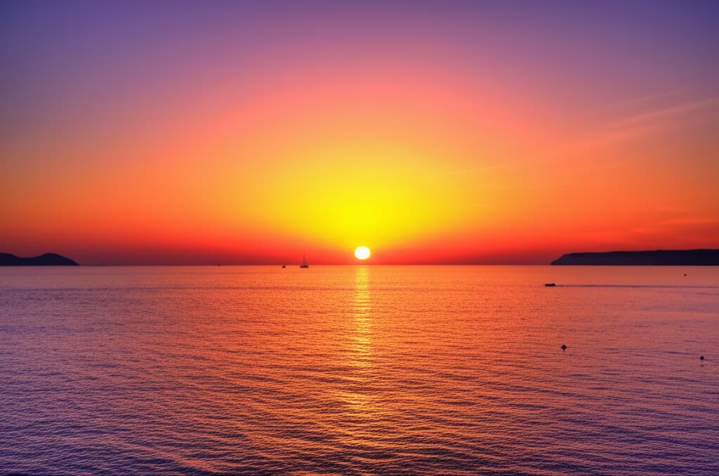 A high-quality, realistic image of a vibrant Ibiza sunset over the Mediterranean Sea, showcasing orange, pink, and purple sky colors with a clear horizon.