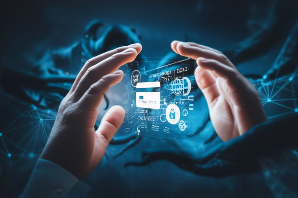 A visual metaphor for identity theft prevention, showing hands protecting digital personal data from shadowy cyber threats. Illustrates cybersecurity, data protection, and online security measures.