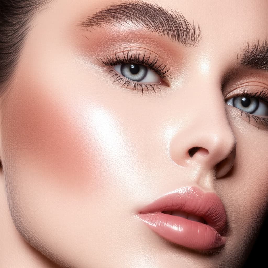 Close-up portrait of a woman with a flawless, natural Instagram makeup look, showcasing glowing skin, defined eyes, and soft lips, optimized for modern beauty trends and tutorials.