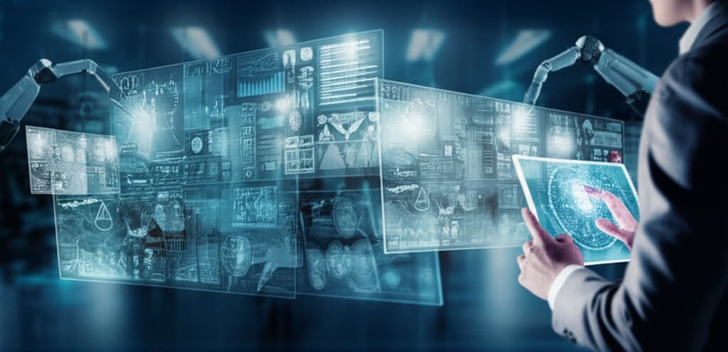 A realistic image showcasing intelligent automation in action, featuring sophisticated AI interfaces, flowing data streams, and automated processes, symbolizing digital transformation and business optimization.