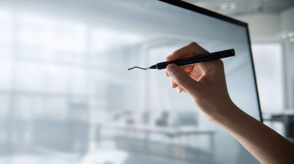 A high-definition interactive whiteboard with a person's hand touching the screen, displaying a colorful digital presentation in a contemporary, brightly lit meeting room. The large touchscreen display shows vibrant graphics, emphasizing modern digital collaboration and smart meeting technology.