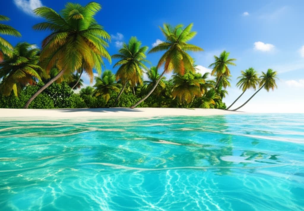 A stunning, ultra-realistic image of a tropical island paradise with white sand beach, turquoise ocean, and lush green palm trees under a clear blue sky, evoking a sense of tranquility and perfect vacation.