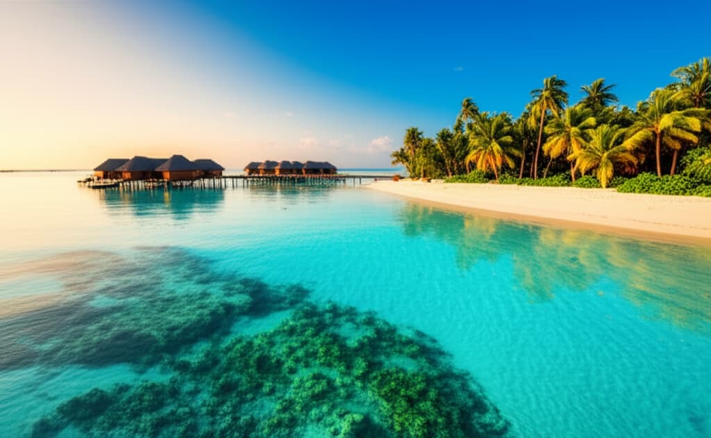A serene luxury island resort featuring overwater bungalows, white sand beach, and clear turquoise ocean under a blue sky.