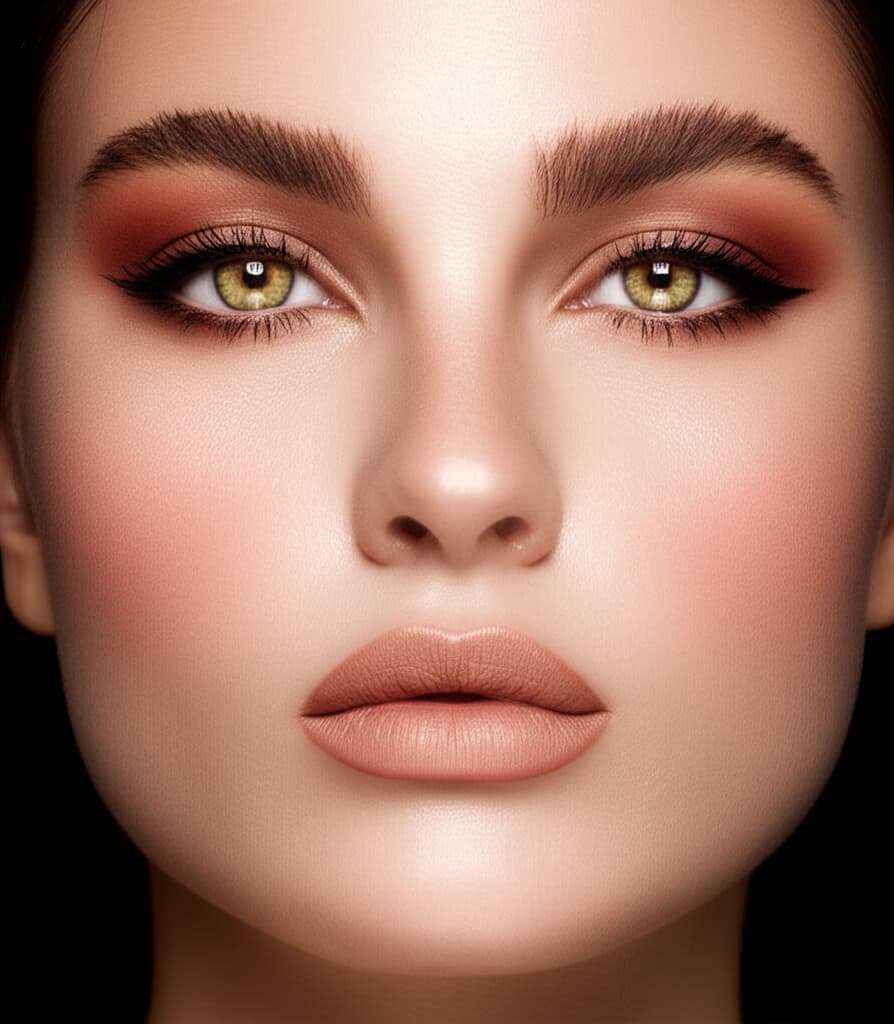 Close-up of a woman showcasing a natural Italian makeup look with bronzed skin, defined eyes, and soft nude lips, exuding elegant Mediterranean beauty.