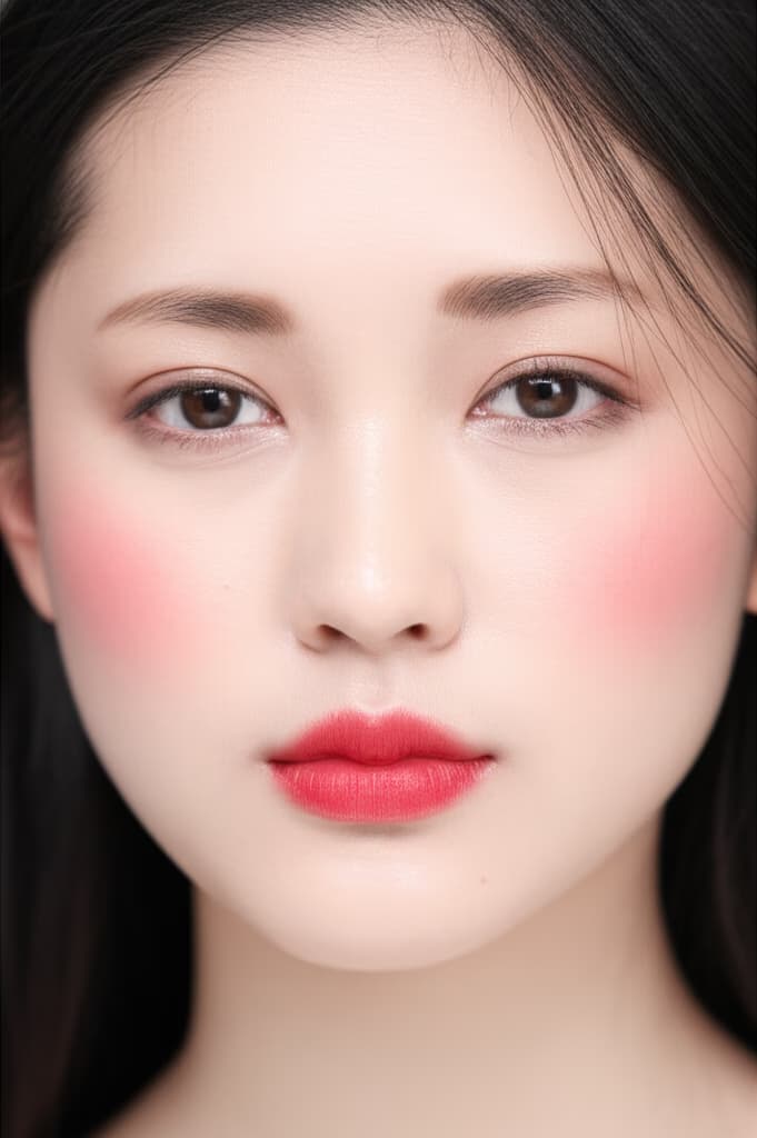 Close-up portrait of a Japanese woman showcasing a natural, dewy Japanese makeup look with soft eyeliner and gradient lips, emphasizing a fresh, flawless complexion.