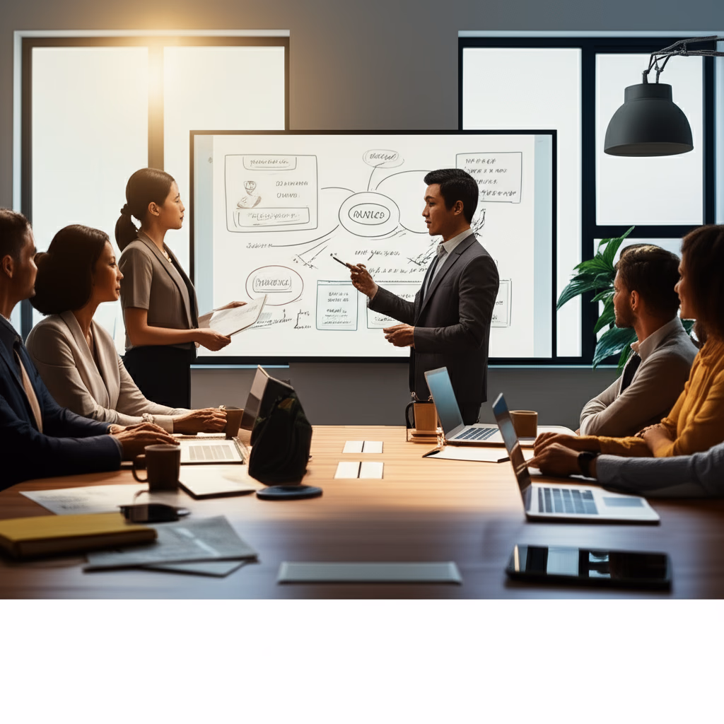 A diverse business team collaborating actively during a project kick-off meeting in a modern office, discussing strategies and planning for success.
