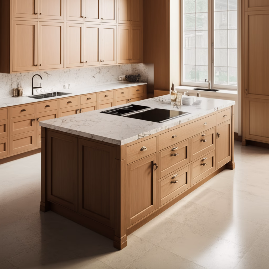 A contemporary kitchen island with a spacious granite countertop, integrated storage, and comfortable bar seating, illuminated by natural light.