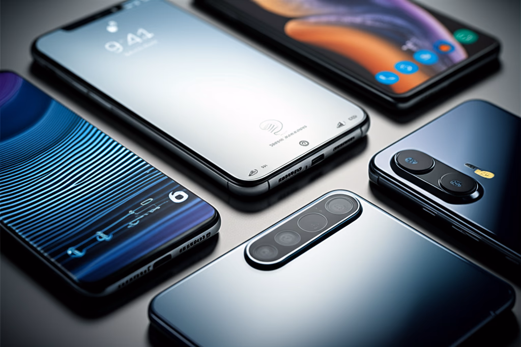 Detailed close-up image of the latest smartphone models, showcasing sleek designs, large edge-to-edge displays, and advanced multi-camera systems from top brands, optimized for product viewing.