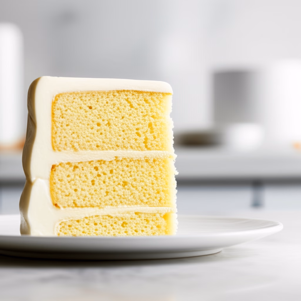 A vibrant, multi-layered vanilla cake with strawberry filling and white buttercream frosting, perfectly sliced on a modern plate.