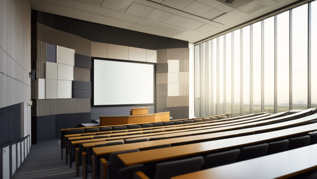 Empty, modern university lecture hall with tiered seating, large projection screen, and podium, designed for educational presentations and academic learning.