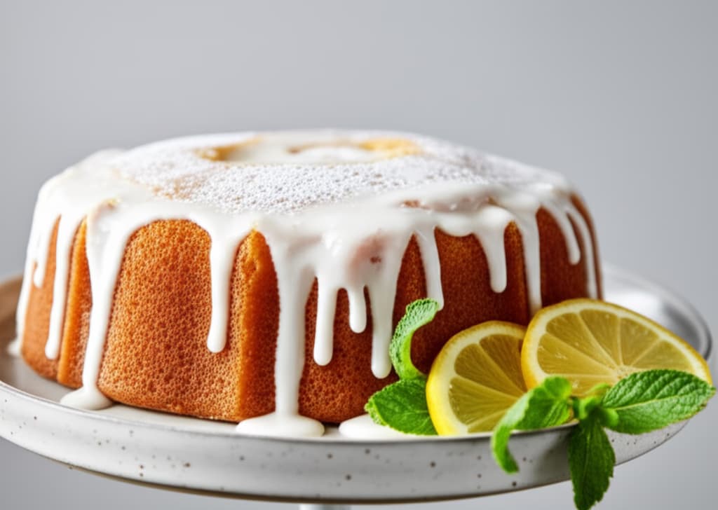 A moist, glazed lemon cake garnished with fresh lemon slices and mint leaves on a white plate.