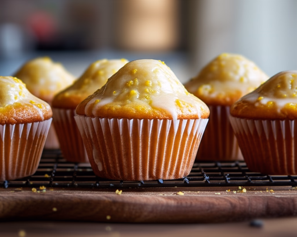 Close-up of freshly baked lemon muffins with a bright yellow lemon glaze, garnished with fresh lemon zest, on a wooden surface, highlighting their fluffy texture and golden-brown tops. Perfect homemade breakfast or snack.