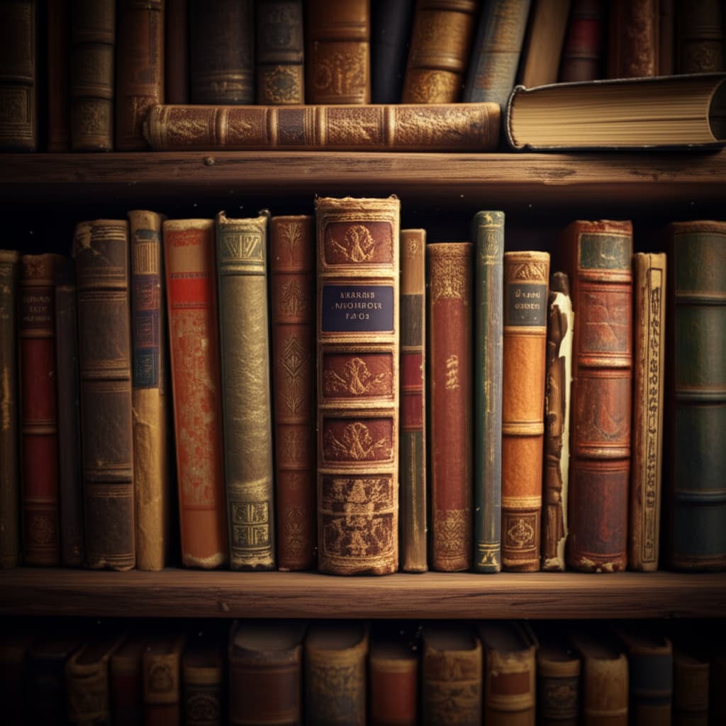 Stack of richly detailed, vintage library books on a wooden table, showcasing worn leather and paper textures with soft natural lighting, ideal for academic and literary themes.