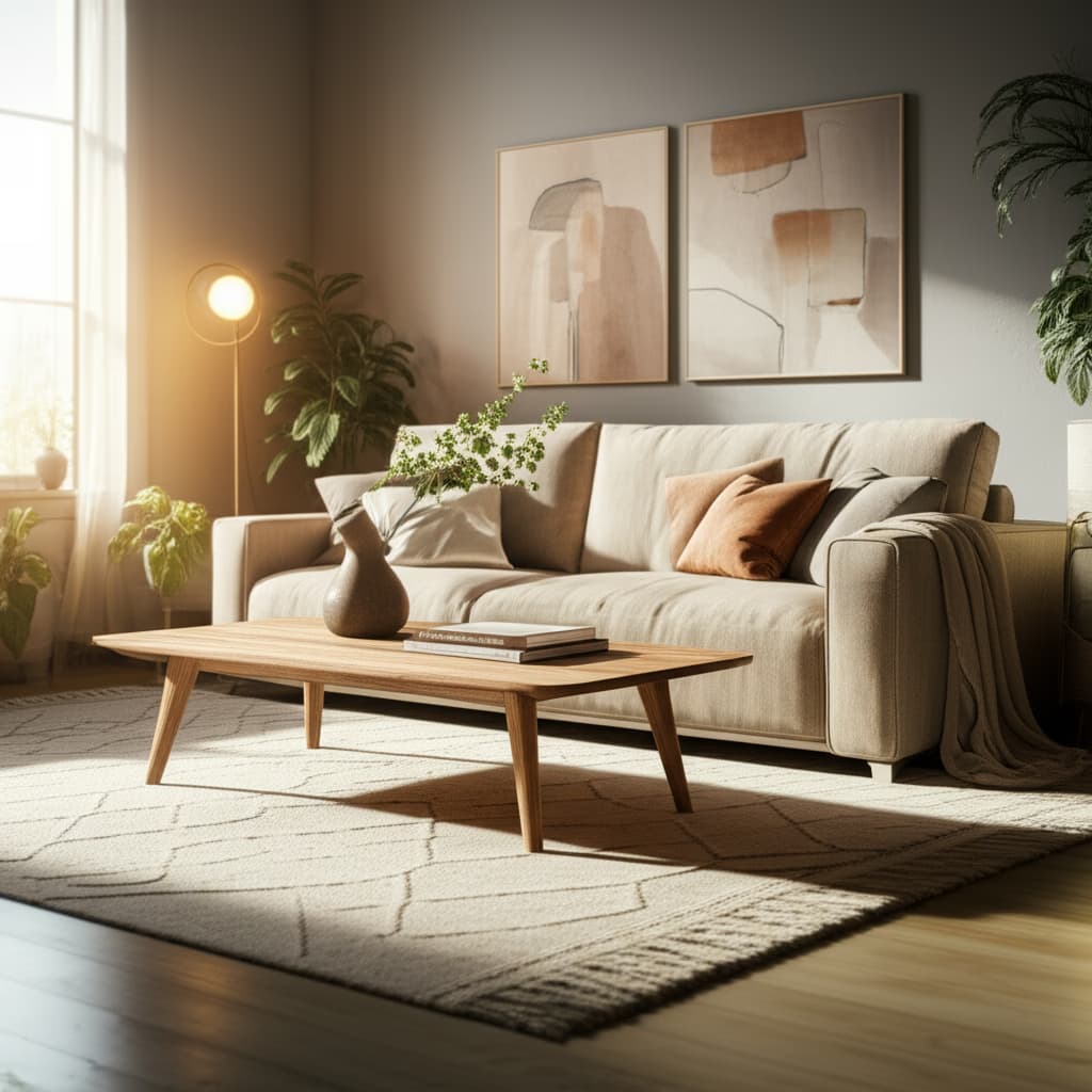 A bright, modern living room showcasing contemporary decoration ideas, featuring a neutral sectional sofa, natural wood furniture, lush green plants, and soft ambient lighting, perfect for inspiration.