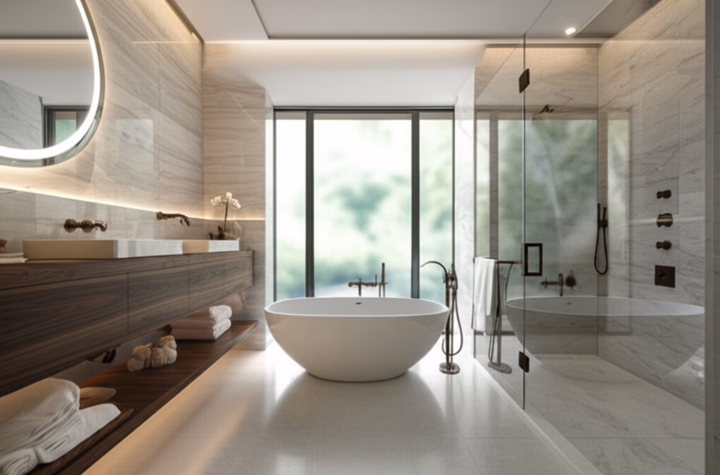 High-end luxury bathroom featuring a white freestanding soaking tub, sleek double vanity, walk-in glass shower, light marble walls, and ample natural light, showcasing sophisticated modern design.