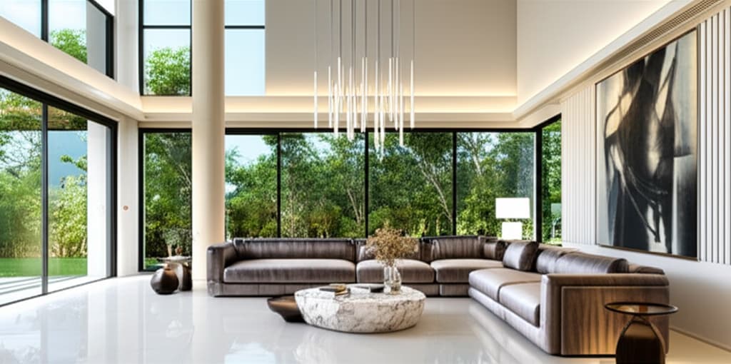 Stunning ultra-realistic luxury home interior with natural light, featuring a spacious modern living room, high-end furniture, and elegant design details.