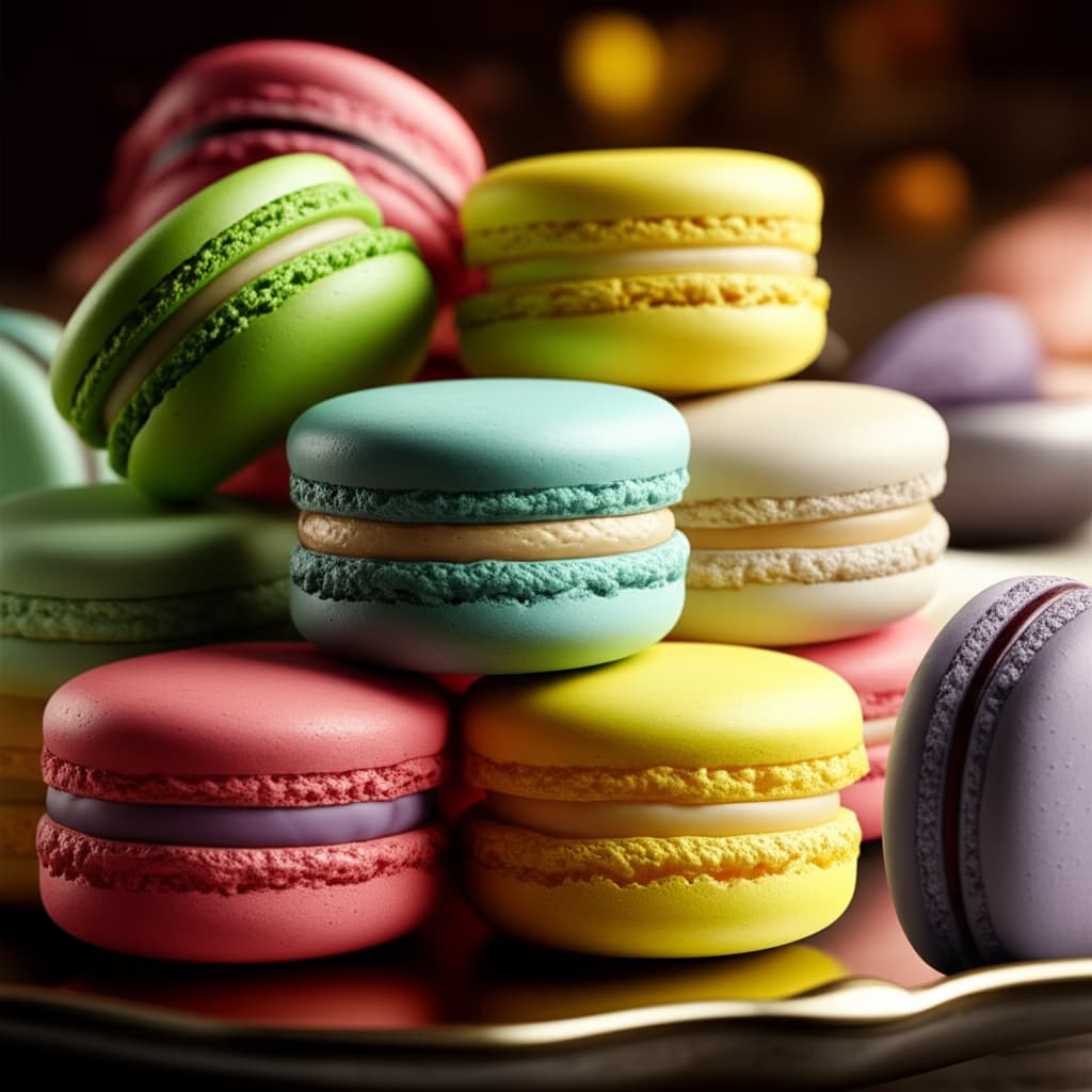 Assortment of vibrant and realistic French macarons in various pastel colors (pink, green, yellow, blue, purple) beautifully arranged on a light surface, showcasing their delicate texture and creamy filling. Ideal for dessert lovers and bakery inspiration.