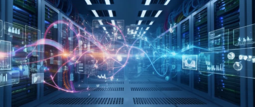 Detailed visualization of machine learning algorithms, showing interconnected neural network nodes processing data streams within a sophisticated AI environment, representing deep learning and predictive analytics.