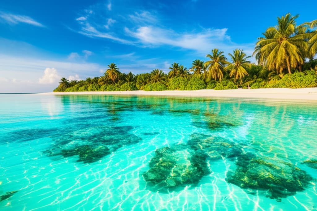 Idyllic white sand beach in the Maldives with crystal-clear turquoise water, swaying palm trees, and clear blue sky, ideal for tropical vacation dreaming.