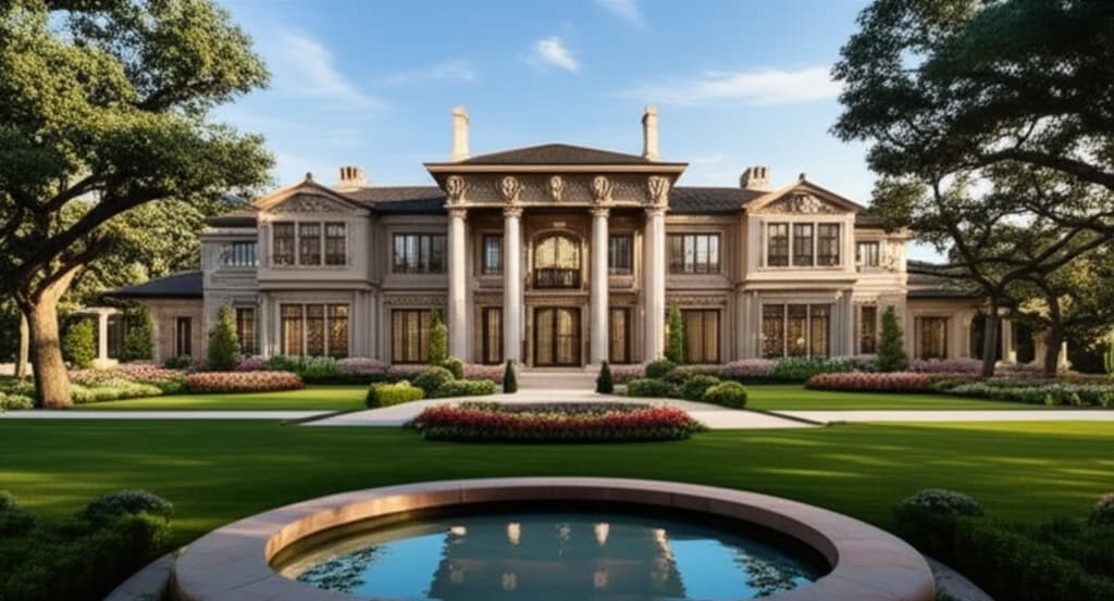 An expansive and luxurious mansion exterior design, showcasing grand architecture, elegant landscaping, and detailed stone work under natural light.