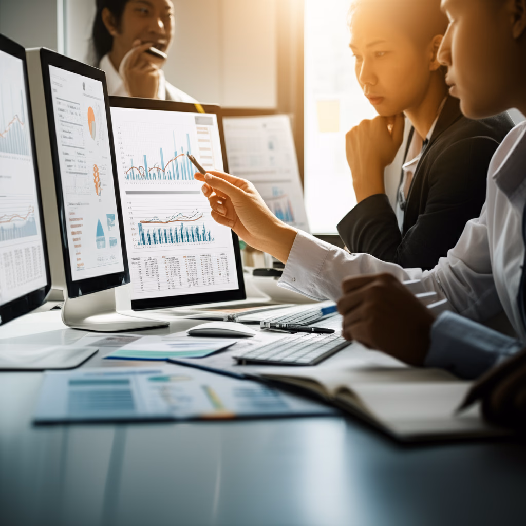 Diverse business team analyzing market data on computers and reports, showing financial charts, growth projections, and strategic planning.
