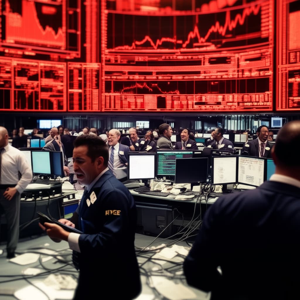 Realistic image of a stock market crash with red declining charts, panicked traders on a trading floor, symbolizing economic crisis and financial downturn.