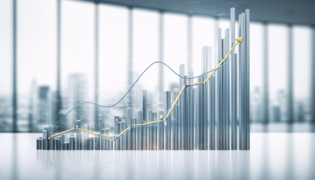 High-quality realistic image of market performance charts, including financial bar graphs and line charts showing stock trends and business growth, set against a modern financial district skyline. Visual representation of economic indicators and investment analytics.