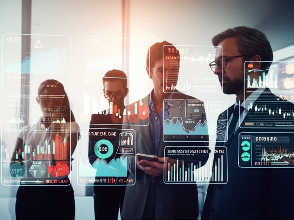 Image depicting professionals analyzing market trends with digital charts and graphs, showcasing data-driven insights and economic indicators for business growth.