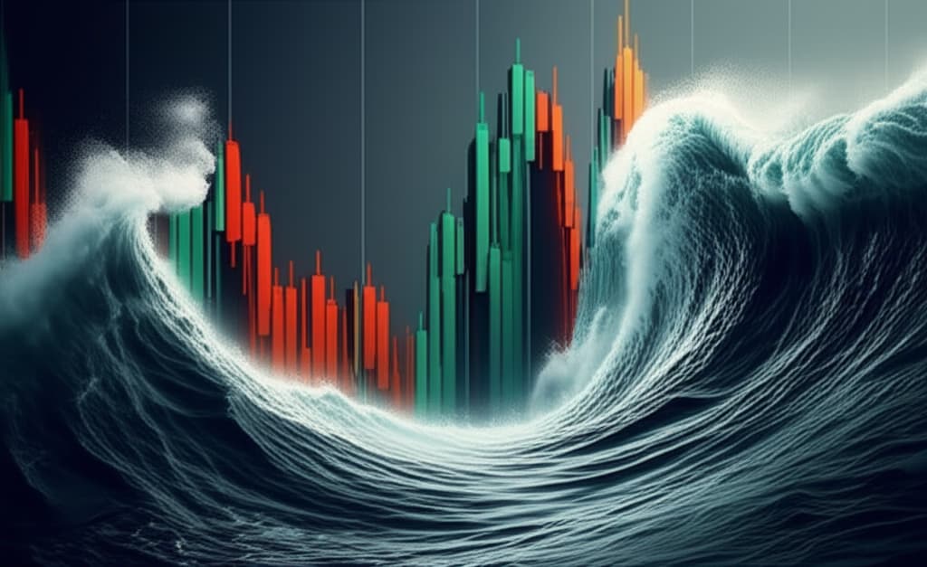 Realistic image depicting a stock market chart transforming into turbulent ocean waves, symbolizing market volatility, economic uncertainty, and investment risk.