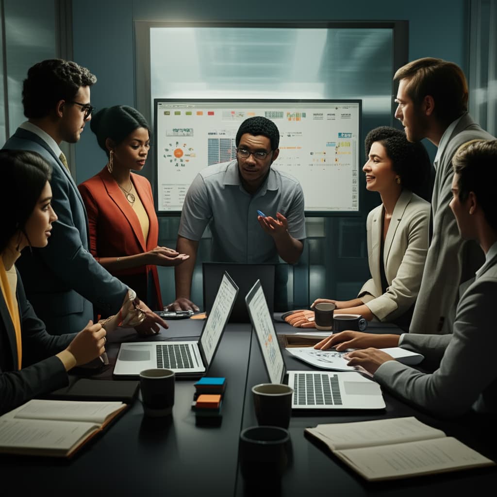 Diverse marketing team brainstorming in a modern conference room, discussing strategy during a productive business meeting, showcasing collaboration and strategic planning.
