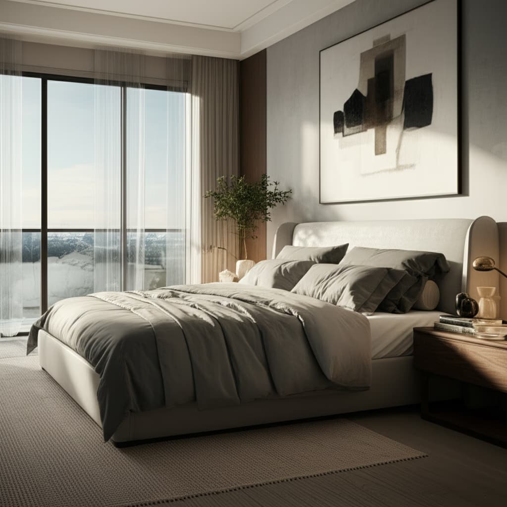 Luxurious modern master bedroom design with a king bed, large windows, elegant minimalist decor, and soft lighting, offering stylish bedroom ideas.