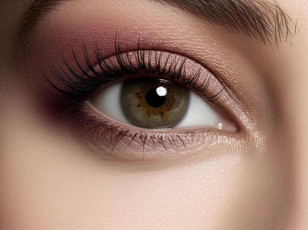 Close-up of a model's eye showcasing a perfectly blended natural matte eyeshadow look, with soft, realistic skin texture under diffused light.