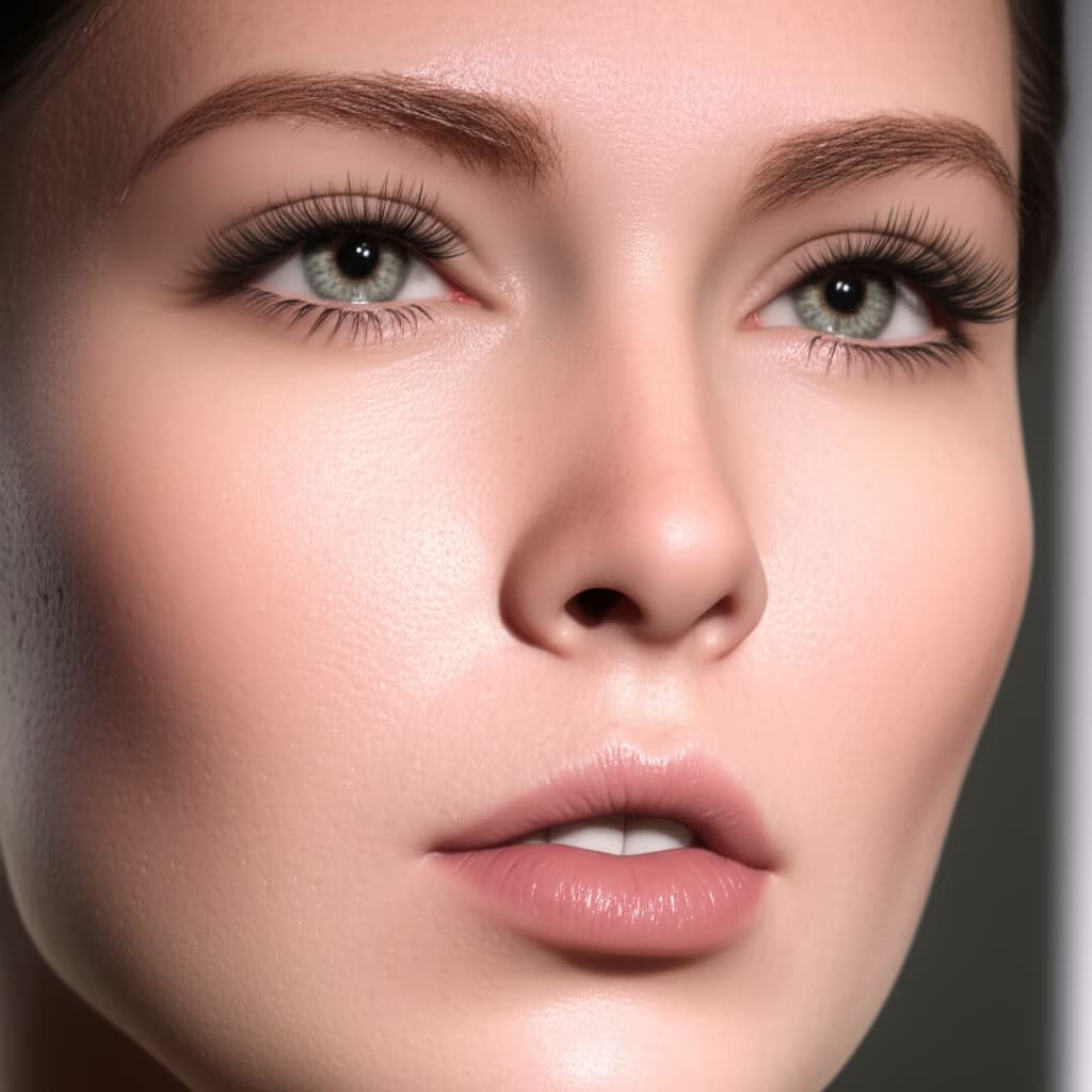 Close-up portrait of a woman demonstrating a flawless, natural matte makeup look with a soft, velvety complexion, perfect for a beauty tutorial on achieving matte skin.