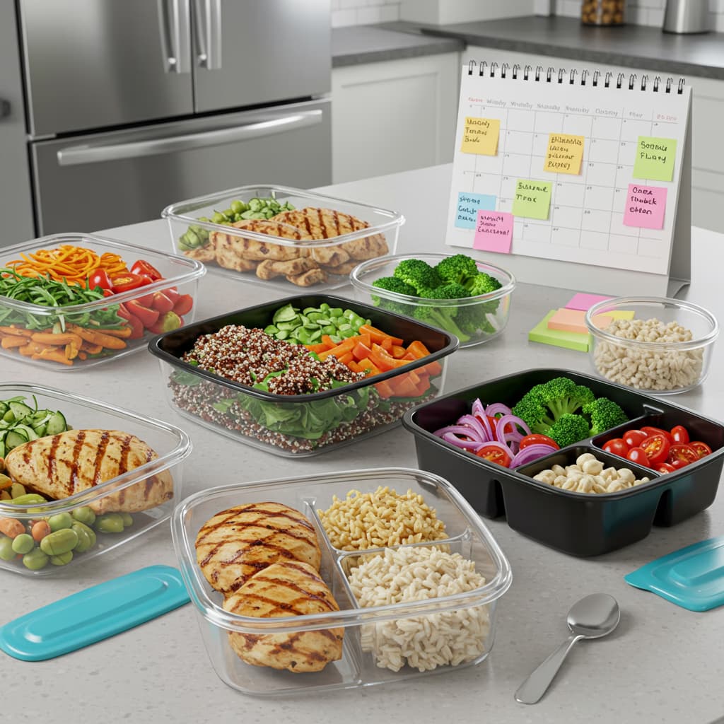 Meal prep containers showing organized food storage and healthy meal planning system