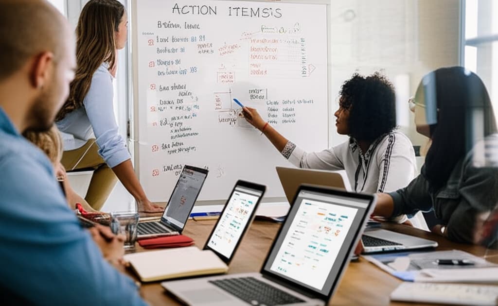 A diverse team in a meeting actively discussing and noting down action items on a whiteboard and laptops, symbolizing efficient task management and collaborative productivity.