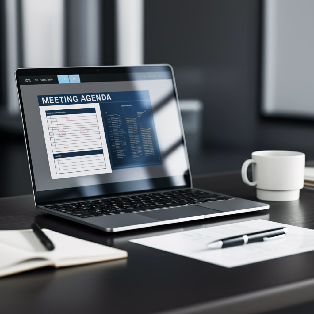 Close-up of a meeting agenda document on a laptop screen or paper, alongside a notebook, pen, and coffee, representing organized professional planning in an office setting.